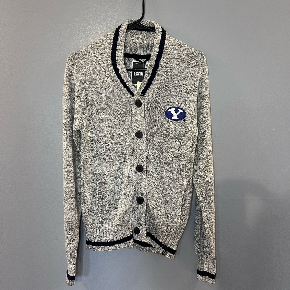 NWT Renu BYU Brigham Young University Shawl Cardigan Sweater gray Womens small